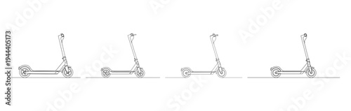 Continuous one line drawing of modern electric scooters from different angles side view minimalist vector illustration for eco friendly urban transport