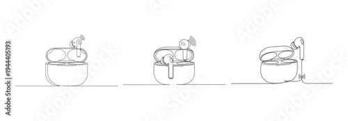 One line drawing of wireless earbuds with charging case and sound waves symbol minimalist vector illustration of modern audio technology and music gadget