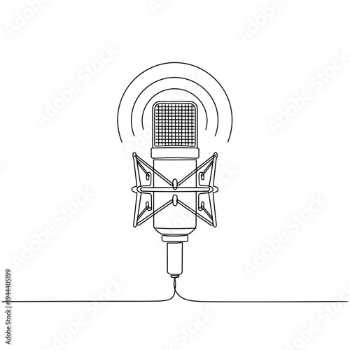 Continuous line drawing of professional studio condenser microphone with shock mount and sound waves for podcasting broadcasting and music recording logo