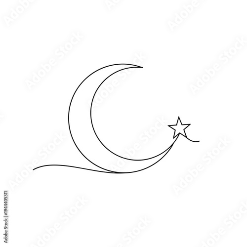 Minimalist continuous one line drawing of crescent moon and star symbol for ramadan kareem celebration islamic culture and night sky astronomical concept