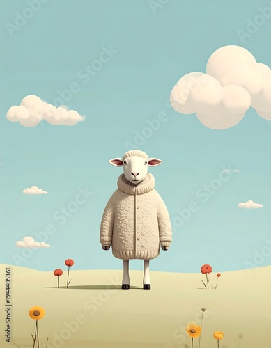 Sheep in a Coat - A Whimsical Pastoral Scene with Cloudy Sky.
