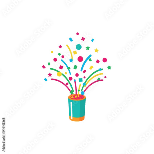 Vector illustration of a teal-colored party popper bursting with multi-colored confetti, streamers, and stars