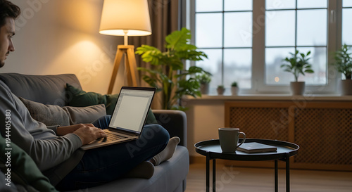 Man working remotely on laptop from the comfort of his sofa in a warm, dimly lit living room at home during the evening, embracing a flexible modern lifestyle