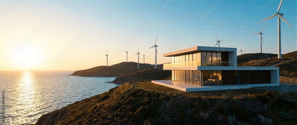 Fototapeta premium Modern luxury coastal villa with wind turbines generating renewable energy at sunset