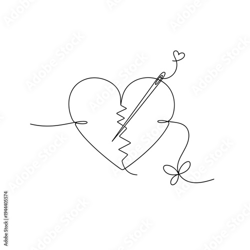 Broken Heart Being Stitched Back Together with Needle and Thread Continuous Line Art, Concept of Healing, Emotional Recovery and Mental Health Support