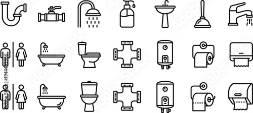 Bathroom Plumbing and Sanitary Outline Icon Set with Shower, Sink, Toilet, Bathtub, Water Heater, Pipe Valve and Restroom Symbols for Home Repair Design