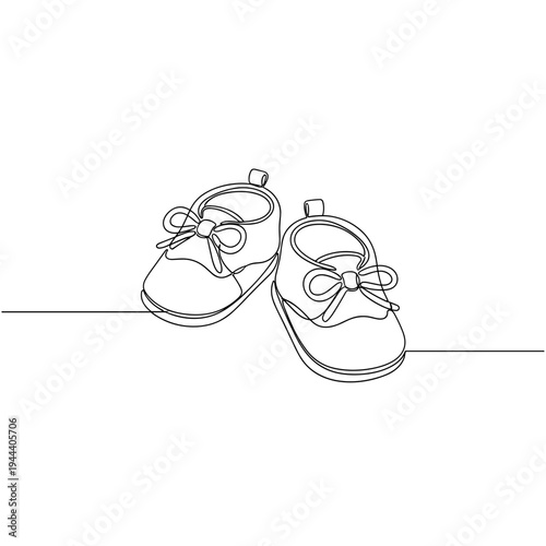 Continuous line drawing of a pair of baby shoes with bows side view representing childhood infancy newborn pregnancy and sweet parenting memories art