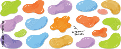 Irregular blob text shape set with crayon texture. Colorful abstract liquid and wavy shapes. Squiggly border frames with place for text. Hand drawn vector texture uneven playful funky blobs