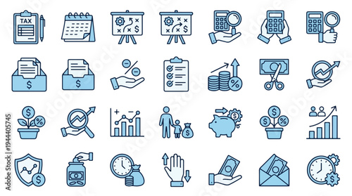 Collection of finance and tax icons featuring savings, investment growth, business strategy, tax reports, calculators, piggy banks, budget planning, and financial management tools, finance, business
