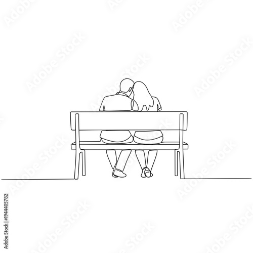 Romantic couple sitting on a park bench back view continuous one line drawing minimalist vector illustration for relationship dating and togetherness concept
