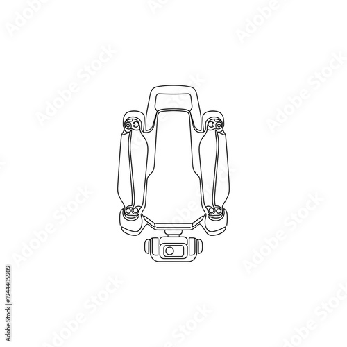 Top view of a folded portable drone quadcopter showing a compact design in a minimalist continuous black line art illustration for travel and tech concepts.