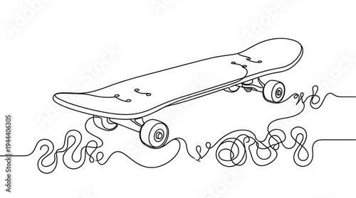 Hand drawn continuous one line illustration of a professional skateboard with wheels for extreme sports hobby and urban lifestyle youth culture
