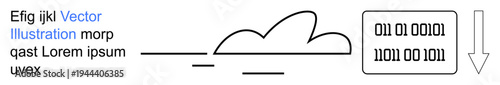 Cloud computing, data transfer, digital technology, coding, technology infrastructure, online storage. Cloud design with binary code and arrow. Cloud computing and data transfer technology concept