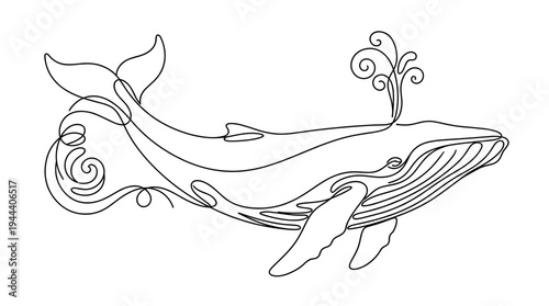 Artistic continuous one line drawing of a majestic humpback whale swimming with water splash, minimalist marine life vector illustration for nature decor.