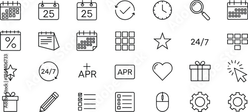 calendar, interface, line, icons, collection, schedule, planning, reminder, time, productivity, checklist, settings, search, minimal, outline, vector, organization, digital, app, set