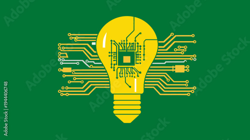 A yellow lightbulb is the centerpiece of a circuit-board design, with electronic pathways extending outward
