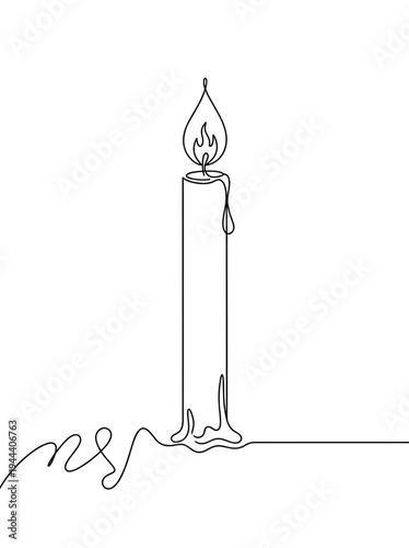 Minimalist one line drawing of a burning candle with wax dripping, continuous line art of a flaming candle representing light, hope and spirituality