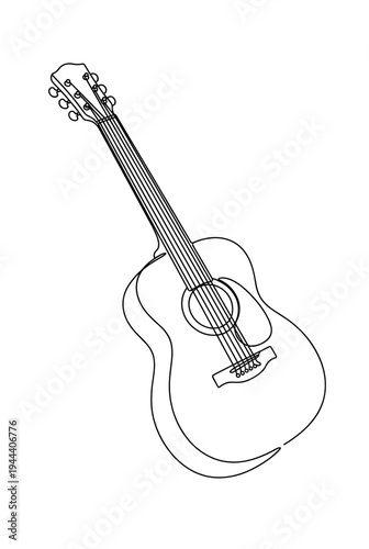 Detailed continuous line drawing of an acoustic guitar, minimalist musical instrument vector outline for concert posters and music school branding