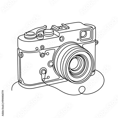 Retro photo camera illustrated in a single continuous line, minimalist vintage camera vector outline for photography enthusiasts and creative studios