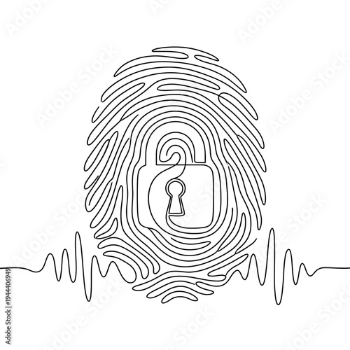 Continuous line art of a fingerprint with a security padlock symbol inside representing biometric data protection privacy safety and cybersecurity identity