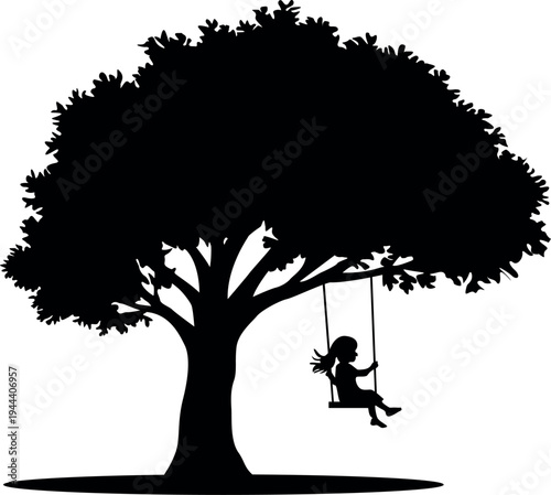 children on a swing in the tree. Silhouette of a girl swinging on a tree simple black and white design