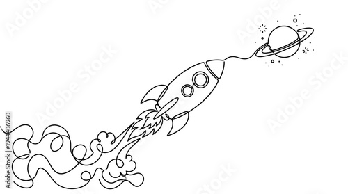 Continuous one line drawing of a space rocket launching towards a ringed planet with stars and smoke trails isolated on a white background for minimalist cosmic art.