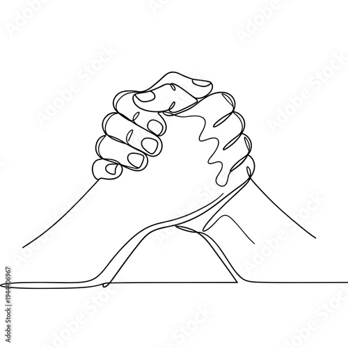 One continuous line drawing of two hands arm wrestling representing competition business struggle strength power and partnership conflict or cooperation