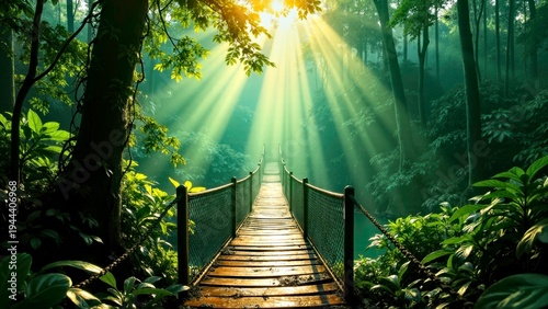 The scene of the jungle suspension bridge with slanting morning light