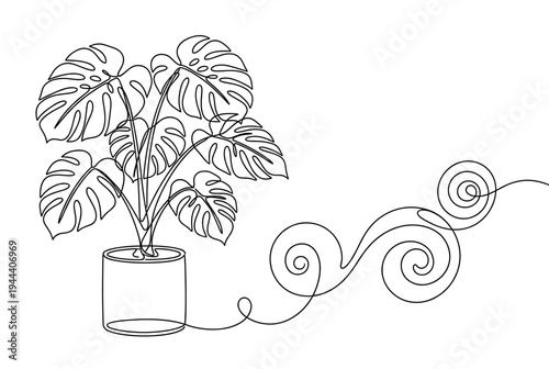 Minimalist continuous line drawing of a monstera deliciosa plant in a ceramic pot with abstract swirling wind lines or creative energy flow for modern interior decor.