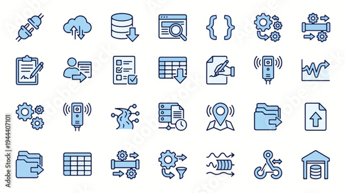 Set of modern blue line icons depicting cloud computing, data science, coding, database management, workflow automation, network security, and digital transformation concepts, technology, data, icons