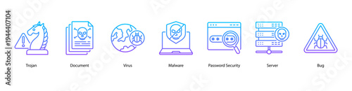Data Protection web banner icon vector illustration featuring Trojan, Document, Virus, Malware, Password Security, Server, and Bug.