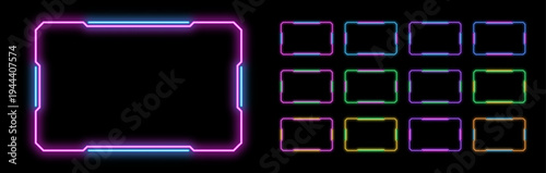Bicolor outline neon rectangle frame, vector set. Neon rectangle HUD frame, glow line UI border with space for text. Bicolor rectangular led borders. Game design element, HUD shape with glow effect