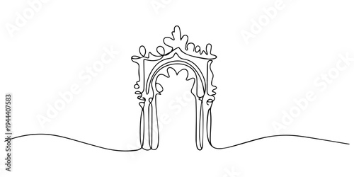 Ornate archway continuous one line drawing, Minimalist continuous line drawing of ornate amusement park entrance gate design, A minimalist one line drawing of a classical architectural archway structu