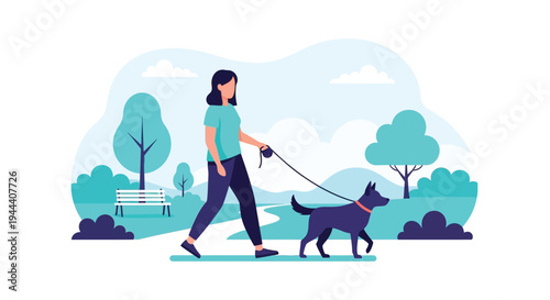 A woman cheerfully walks her dog outdoors in a minimalist flat style illustration presenting a striking silhouette high quality professional detailed modern