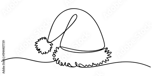 Santa Claus hat in one line art style. Christmas hat drawing with editable black stroke on white background. Vector illustration, minimalist one line drawing of a santa claus hat with fluffy pom pom, 