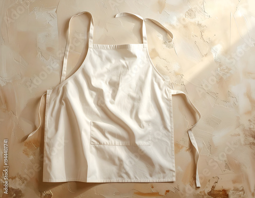 Unworn, plain, off-white fabric bib apron with pocket and ties