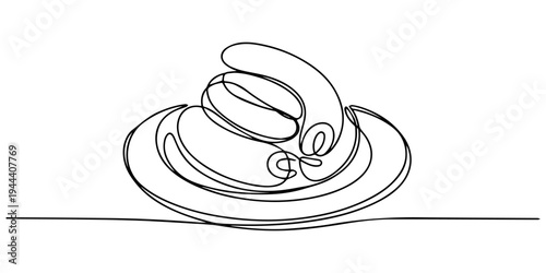 Spiral sausage on plate continuous one line drawing, Hand drawn sausage spiral isolated on white background. Sketch style grilled sausage ring. Engraving vector illustration of snail sausage, minimal.