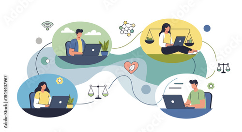 Remote Work, Digital Collaboration & Connectivity. Professionals working online with concepts of technology, balance, sustainability, and modern workplace flexibility.