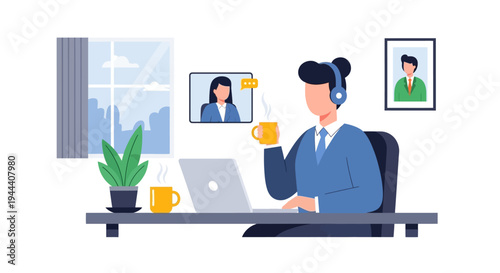 Remote Worker on Video Call at Home Office with Headphones & Coffee