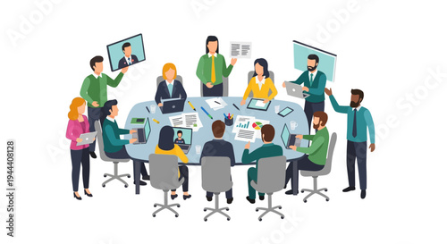 Diverse Business Team Collaboration in Hybrid Meeting. Professionals at Conference Table with Remote Participants. Modern Teamwork Strategy Illustration.