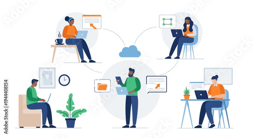 Diverse Remote Team Collaborating via Cloud Computing. Professionals Work from Anywhere, Sharing Data and Boosting Productivity in a Modern Digital Workplace.