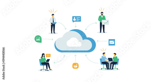 Cloud Computing Network Connecting Business Professionals, Data Management, and Digital Collaboration Workflow