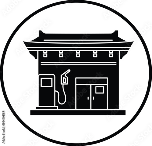 Asian style gas station building silhouette icon inside circle frame, fuel service station concept vector illustration isolated on white background