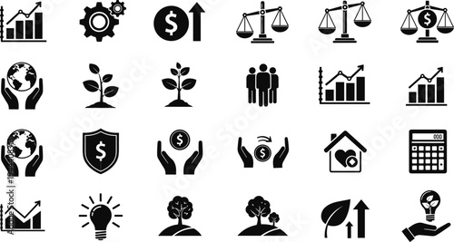 Business sustainability and finance icon set with growth charts, scales, plants, protection, investment and eco development symbols