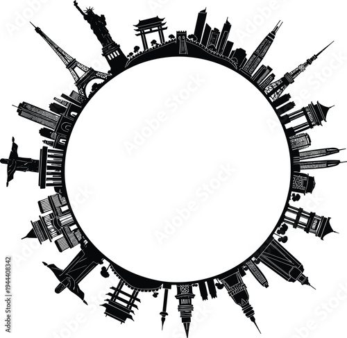 Circular world landmarks skyline silhouette with famous global monuments forming round frame, travel tourism concept illustration isolated on white background