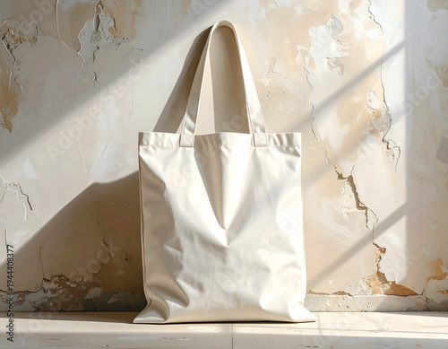 A plain canvas tote bag leans against a textured, cracked wall