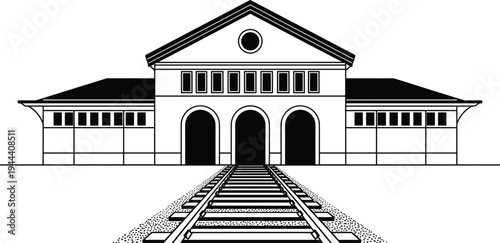 Historic railway station building with train tracks perspective view, classic transportation terminal architecture silhouette illustration isolated on white background