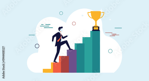 A businessman climbs a bar graph towards a golden trophy representing success and achievement in a flat style silhouette high quality