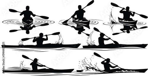Kayaking and canoe paddling silhouette set with athlete rowing boat on water, outdoor sport activity illustration collection