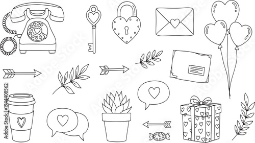 Hand drawn romantic valentines day elements including retro telephone heart lock key love letters balloons and gift box icons hand-drawn vector illustration doodle art or icon set